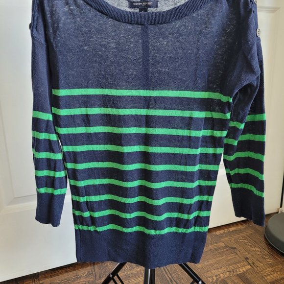 Banana Republic Lightweight Cotton Sweater Striped Navy and Emerald Green - Picture 2 of 3